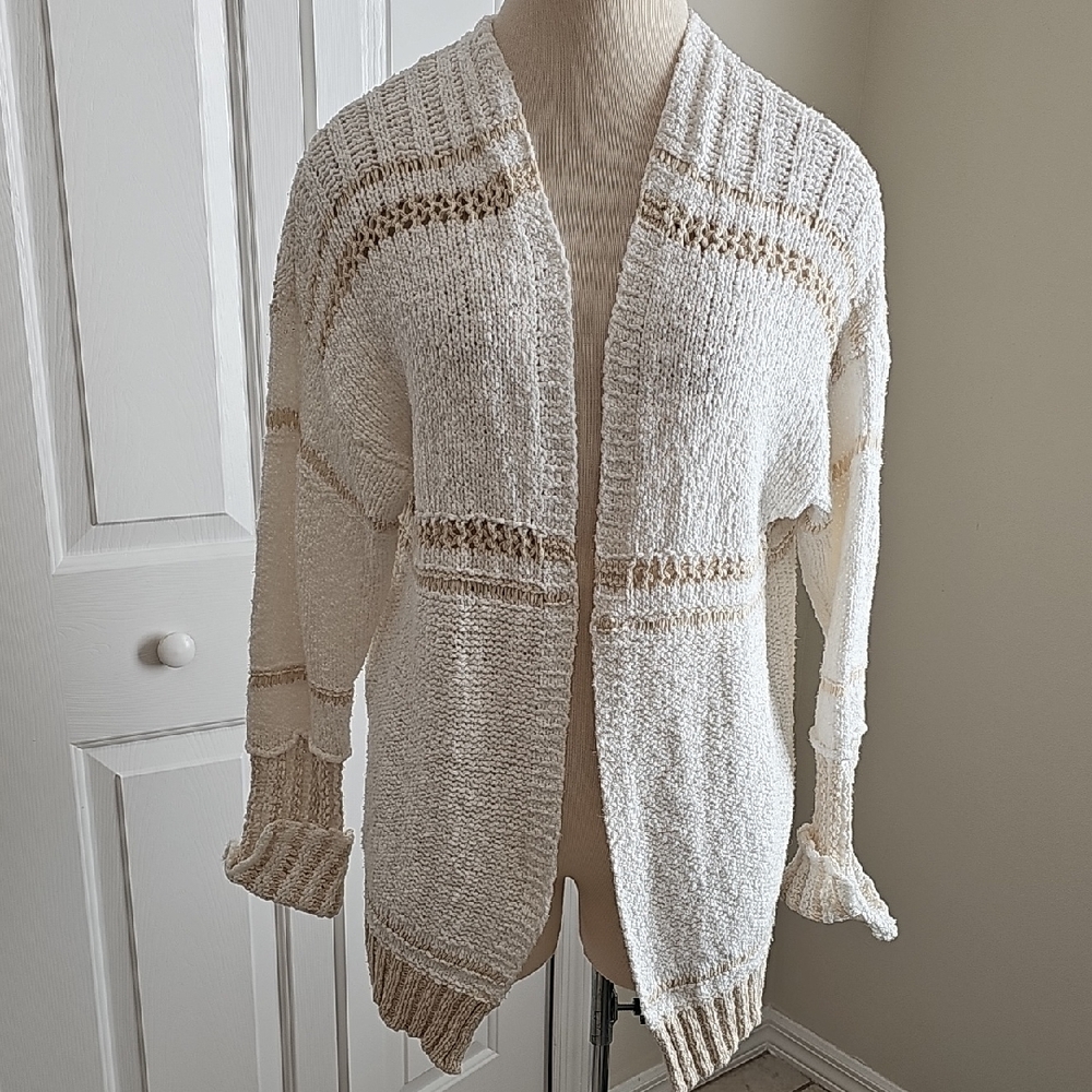 Elan: Open Mixed Stitch 100% Cotton Sweater In Size‎ Meduim. Cream/white.o
